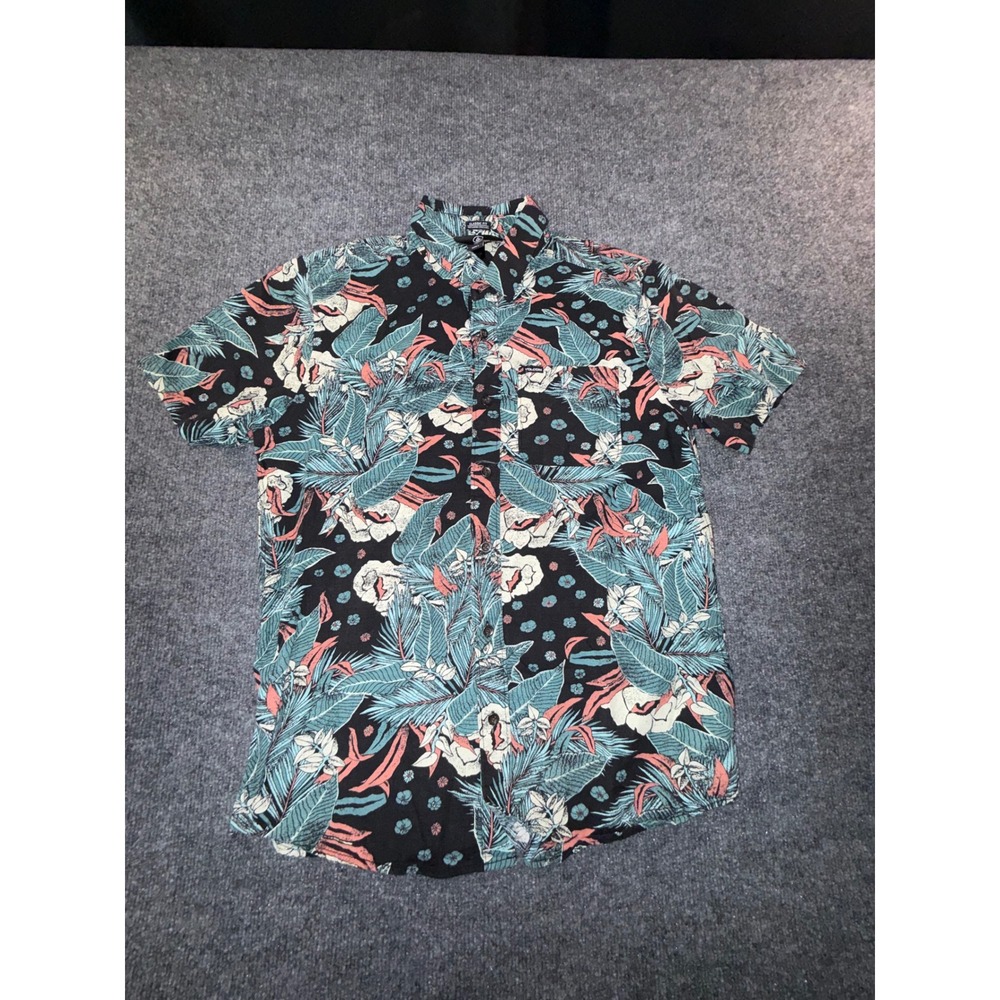 Volcom Mens Small Classic Fit Tropical Floral Button Down Shirt Black Teal Peach